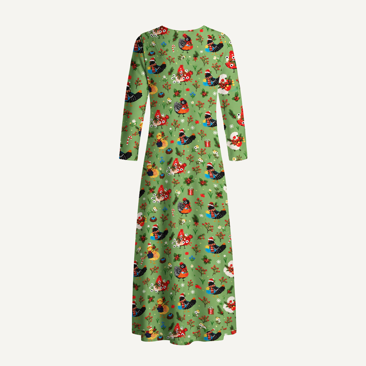 Christmas Chicken Garden Print Soft-Touch Stretch Knit Long Sleeve Maxi Dress with Pockets