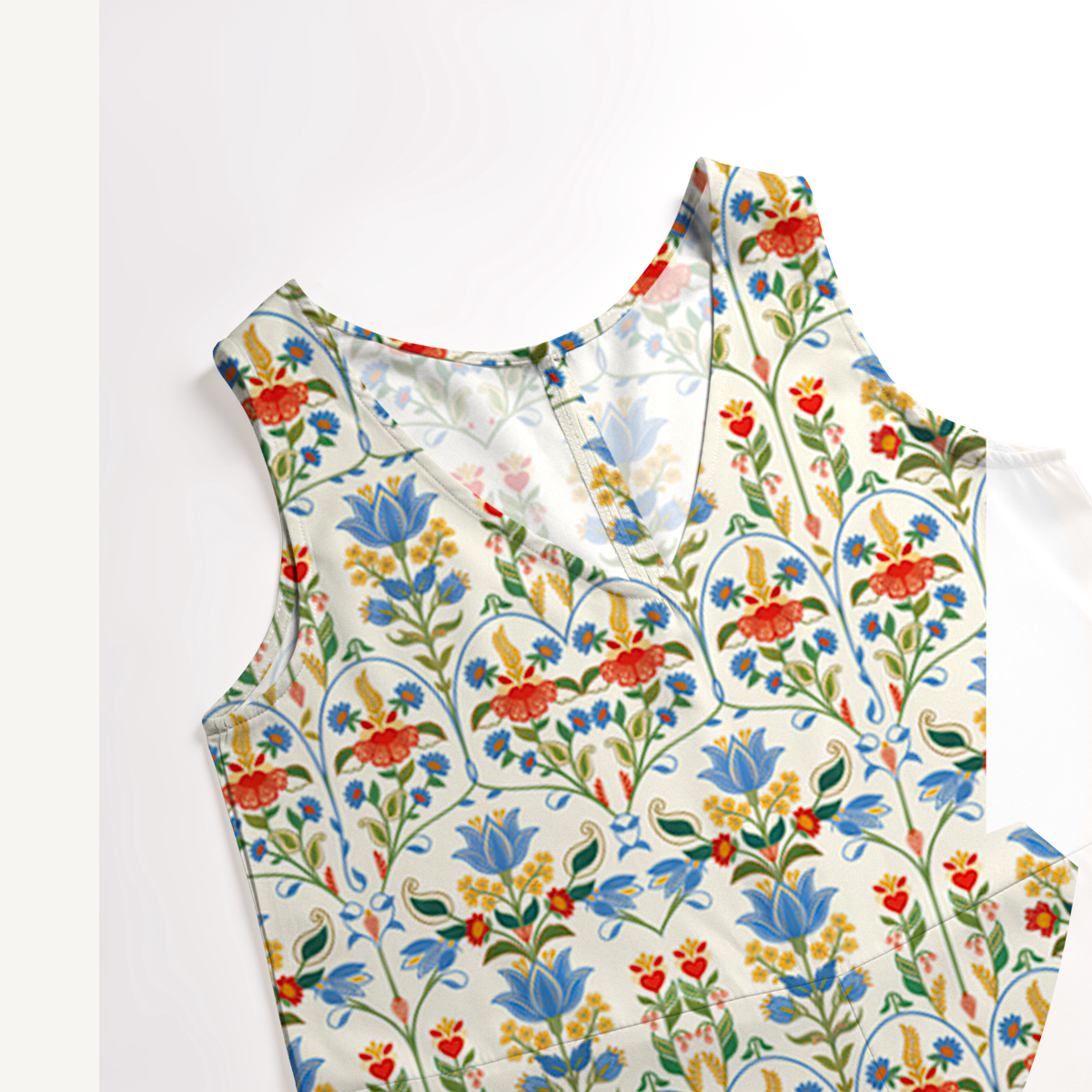 V-Neck Folk Bloom Jumpsuit with Pockets for Women