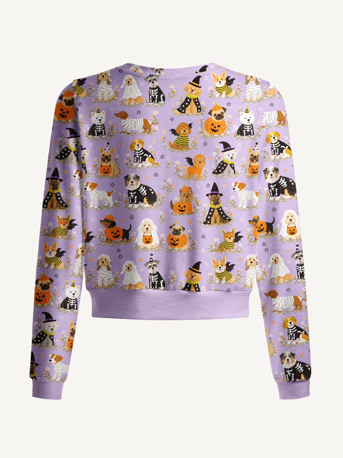 Lightweight Crew Neck Long‑Sleeve Cropped Halloween Puppy Wonderland Print Fine‑Knit Cardigan