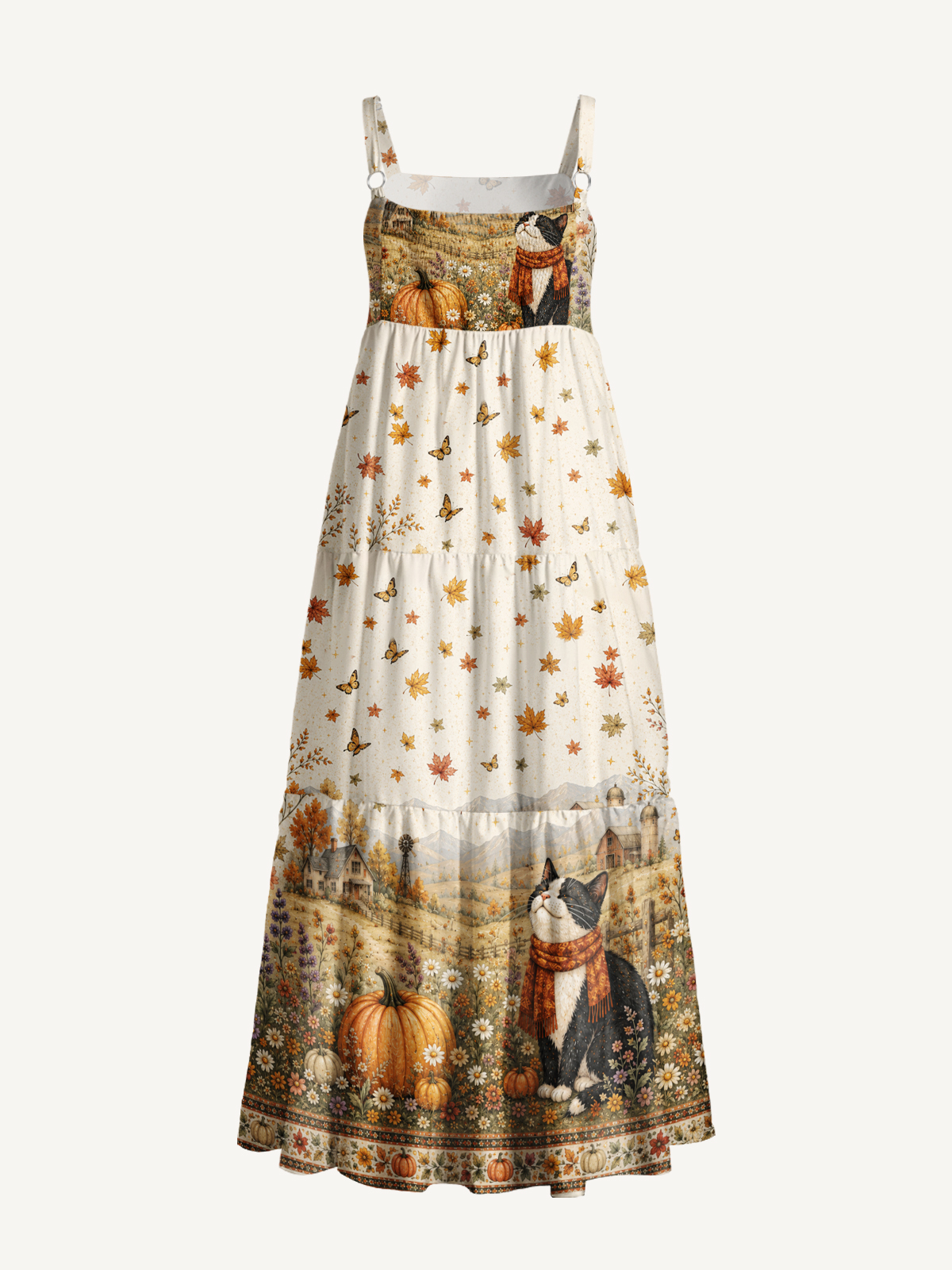 Autumn Pumpkin Field Black Cat Print Wide Straps Maxi Dress With Pockets