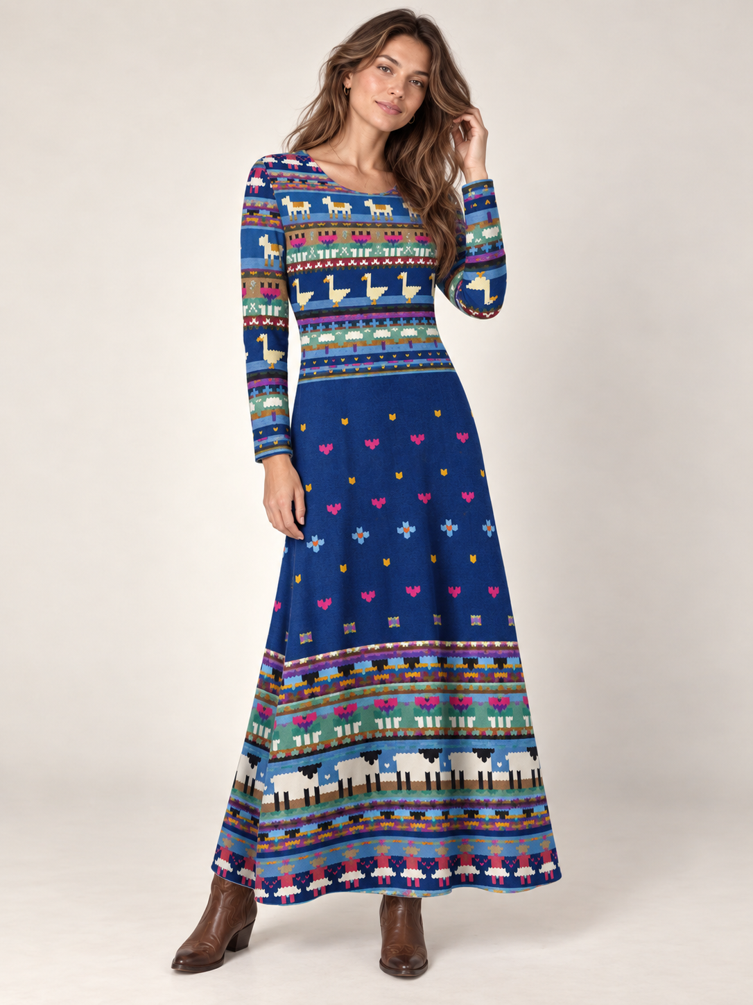 Colorful Folk Farm Horse Goose & Sheep Long Sleeve Maxi Dress with Pockets