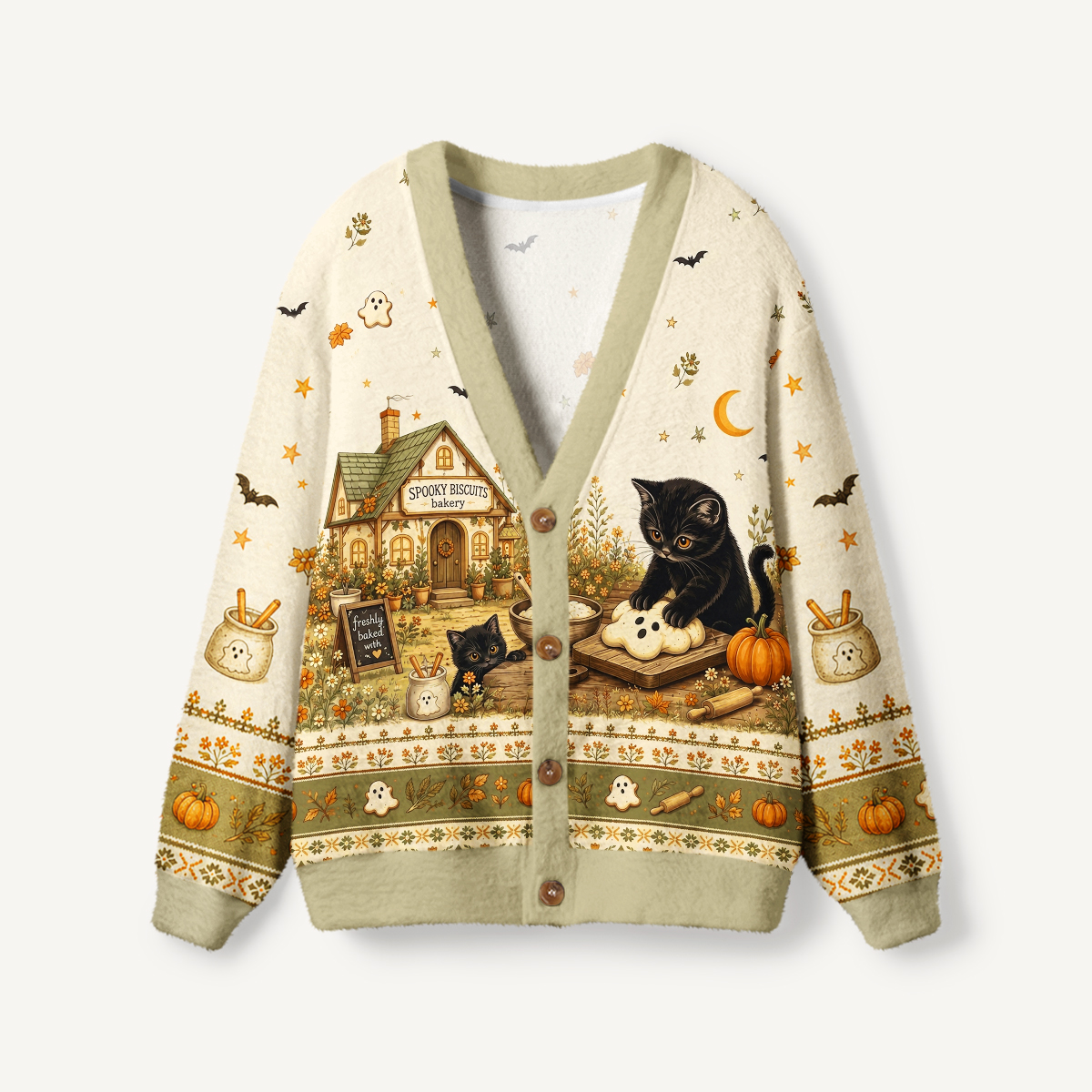 Spooky Biscuit Black Cat Print Ugly Cardigan Sweaters