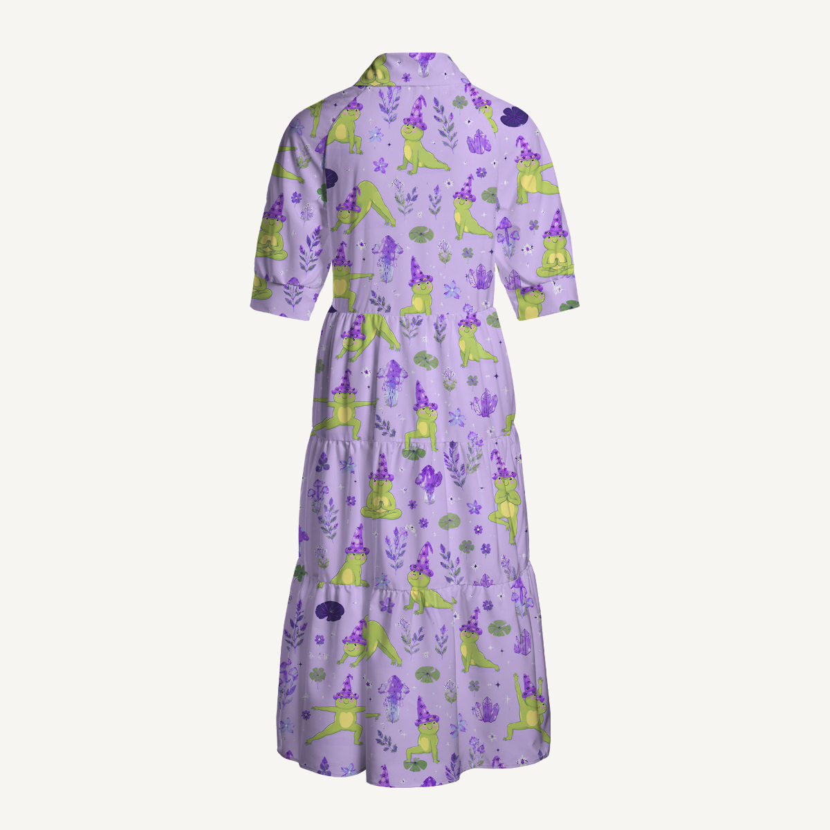 V Neck Collared Frog Yoga Print Casual Midi Dress With Pockets