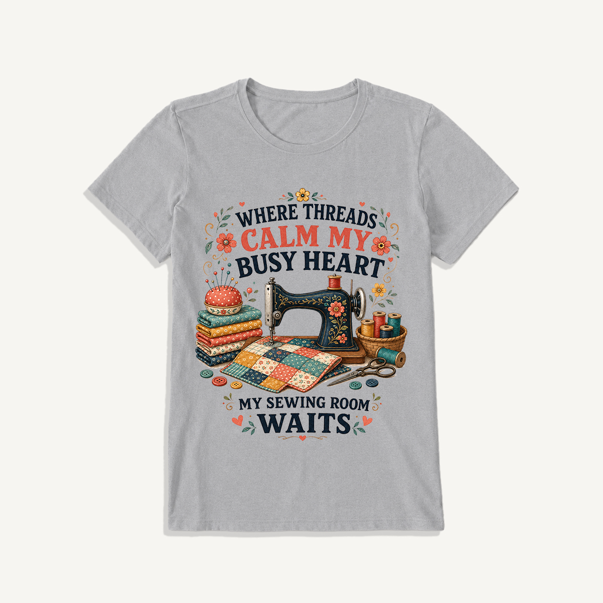 Calm Heart Sewing Room Print Crew Neck Cotton Tee