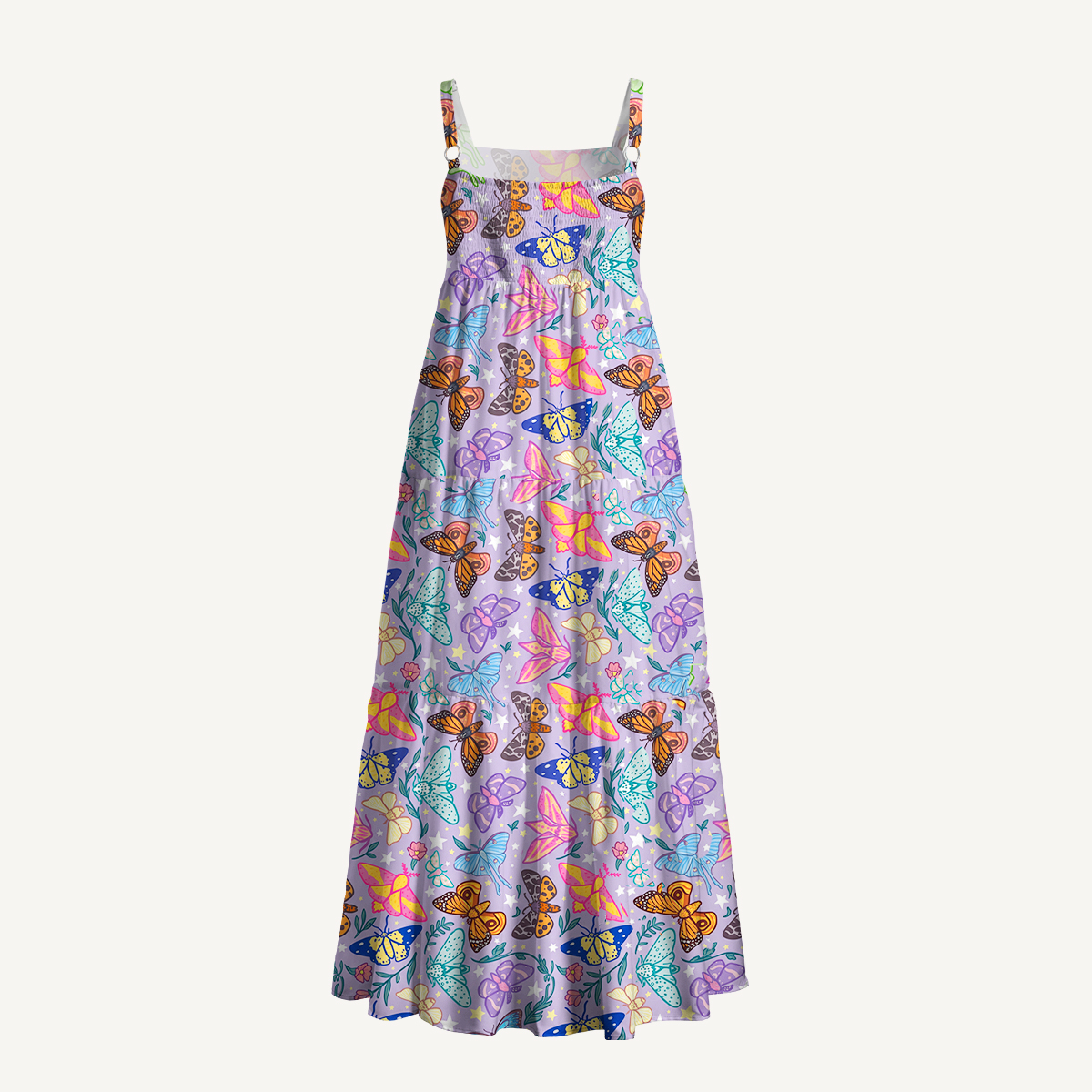 Enchanted Twilight Butterfly Garden Print Wide Straps Maxi Dress With Pockets