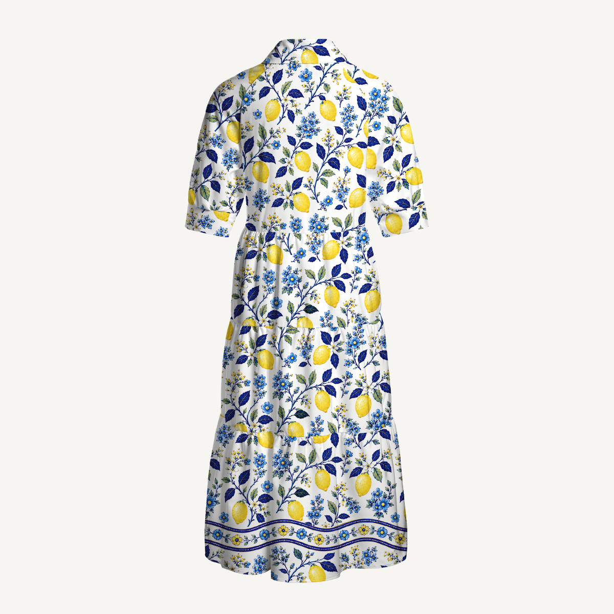V Neck Collared Blue Lemon Floral Print Quilt Print Casual Midi Dress With Pockets