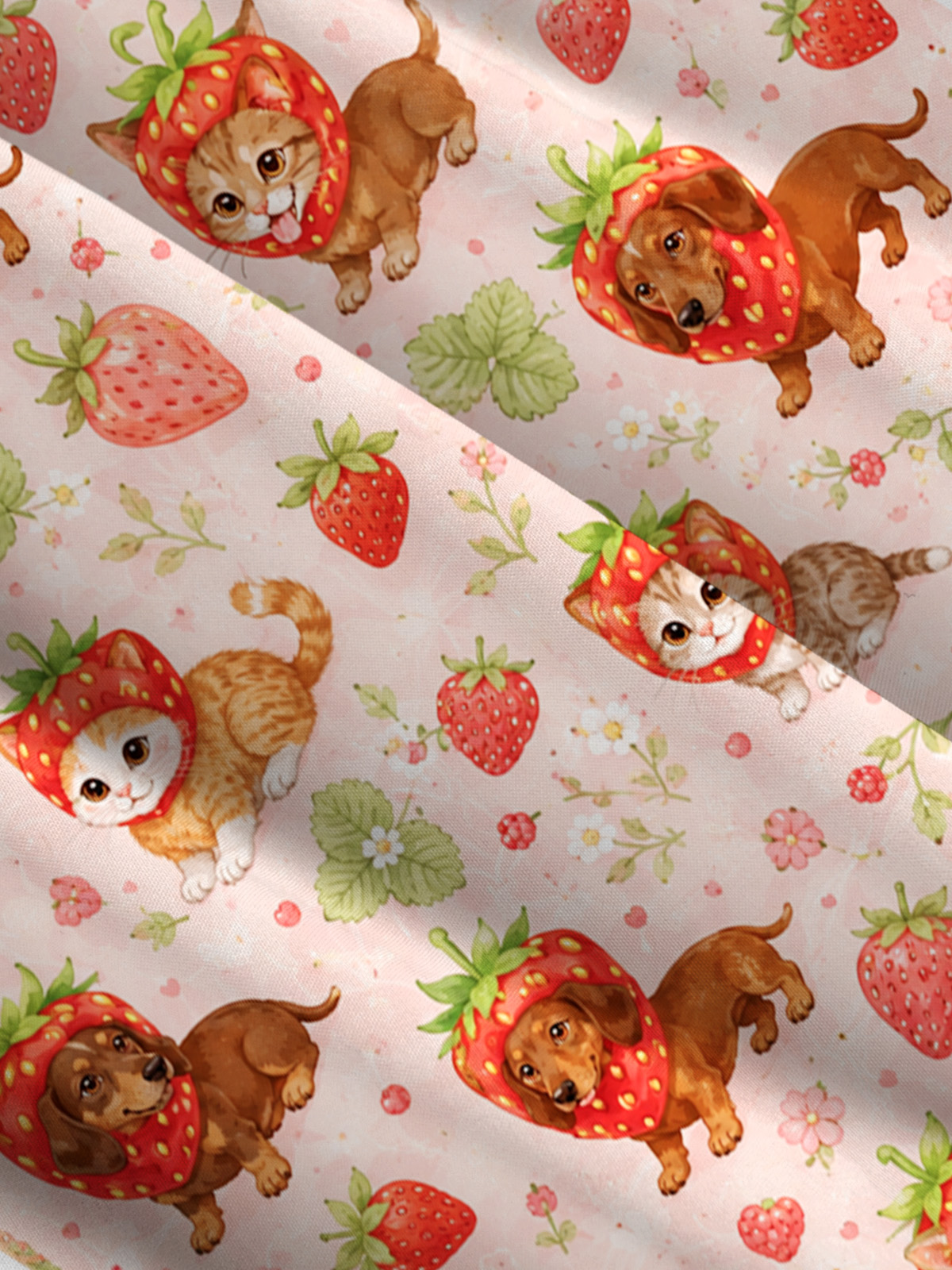 Strawberry-Sweet Puppies and Kittens Print Wide Straps Maxi Dress With Pockets