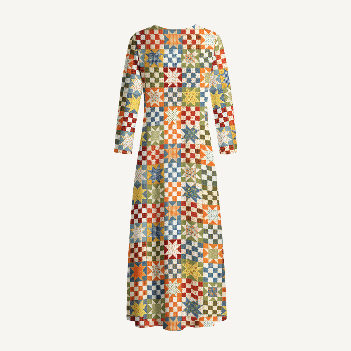 Vintage Star Quilt Patchwork Print Soft-Touch Stretch Knit Long Sleeve Maxi Dress with Pockets