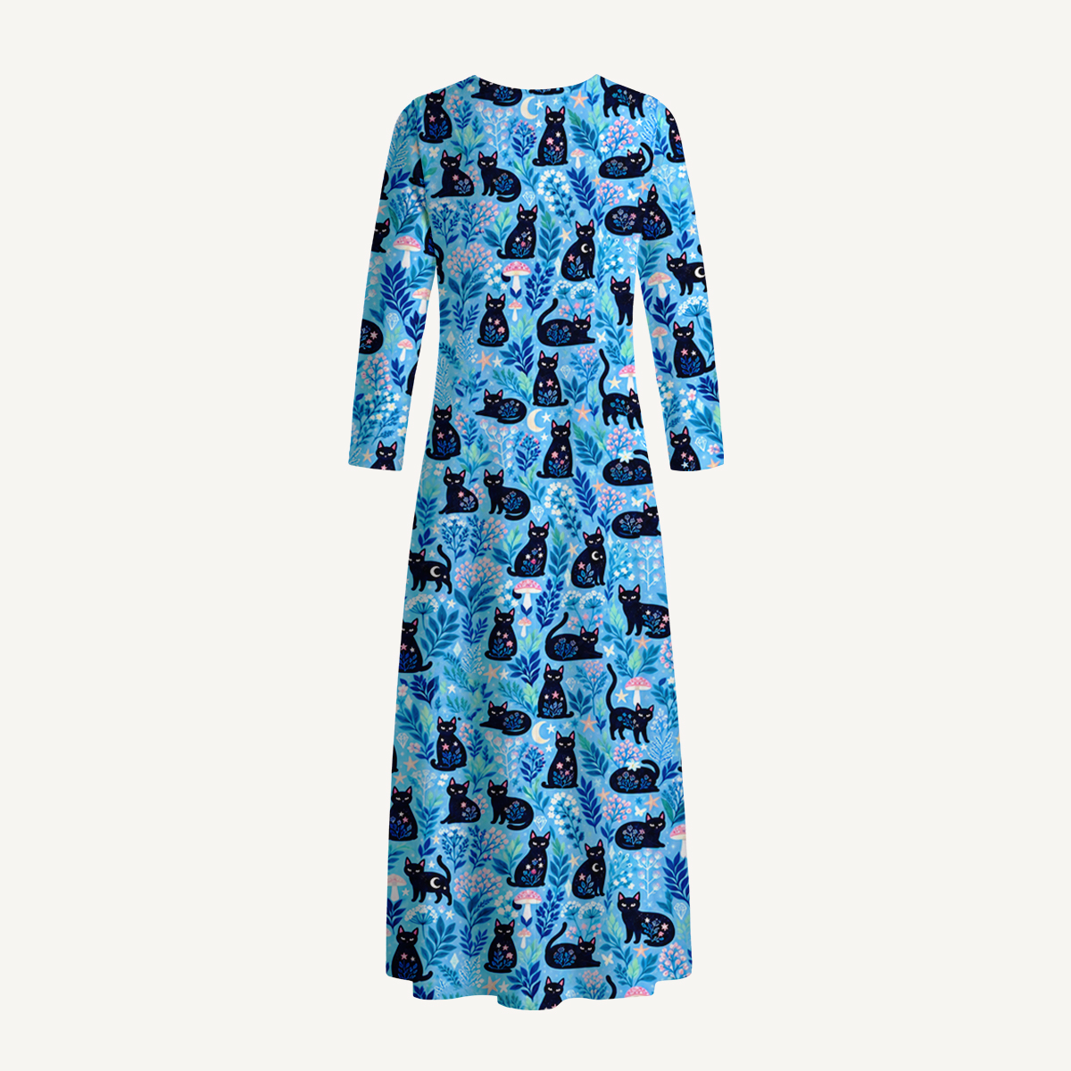Celestial Black Cats & Mushrooms Print Soft-Touch Stretch Knit Long Sleeve Maxi Dress with Pockets