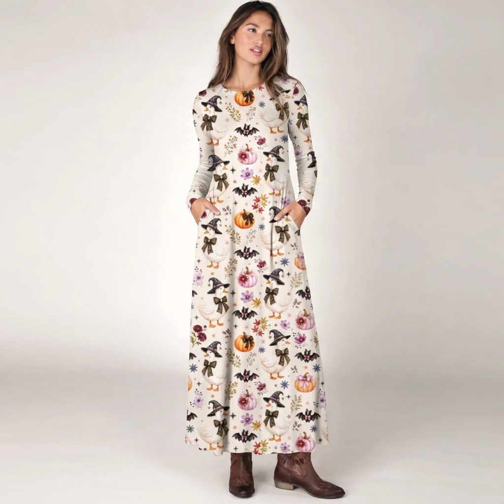 Rustic Halloween Goose Print Soft-Touch Stretch Knit Long Sleeve Maxi Dress with Pockets