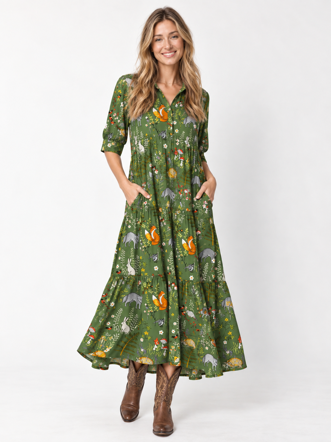 V Neck Collared Whimsical Woodland Animals Print Midi Dress For Women With Pockets