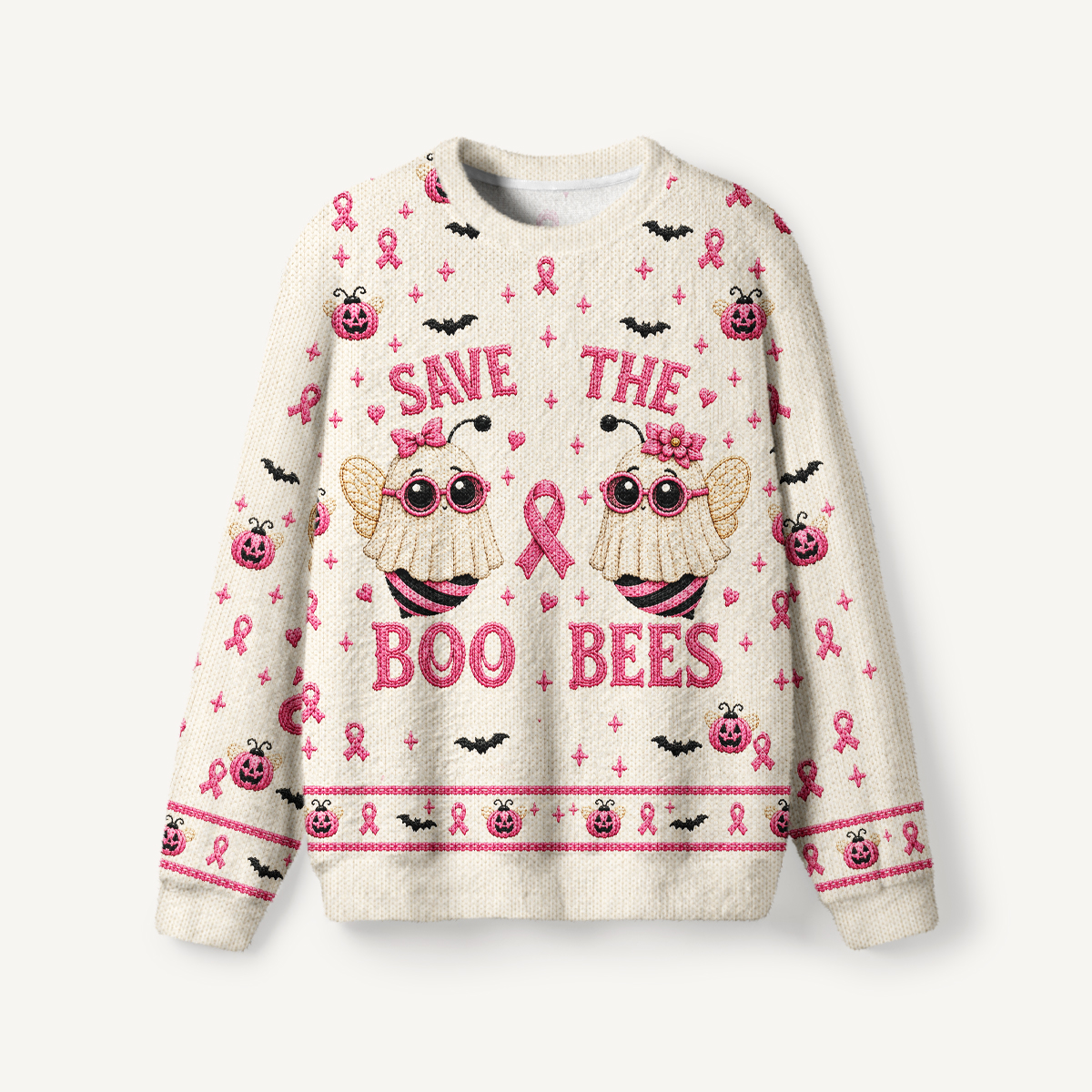 Halloween Pink Ghost Bees Breast Cancer Crewneck Sweater