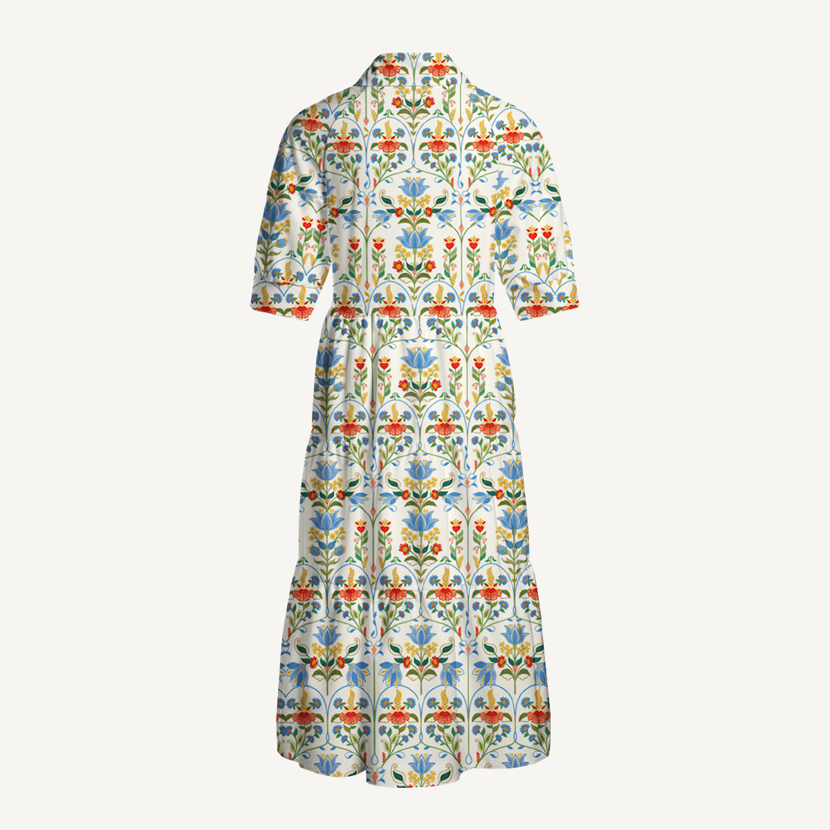 V Neck Collared Folk Bloom Casual Long Shirt Dress