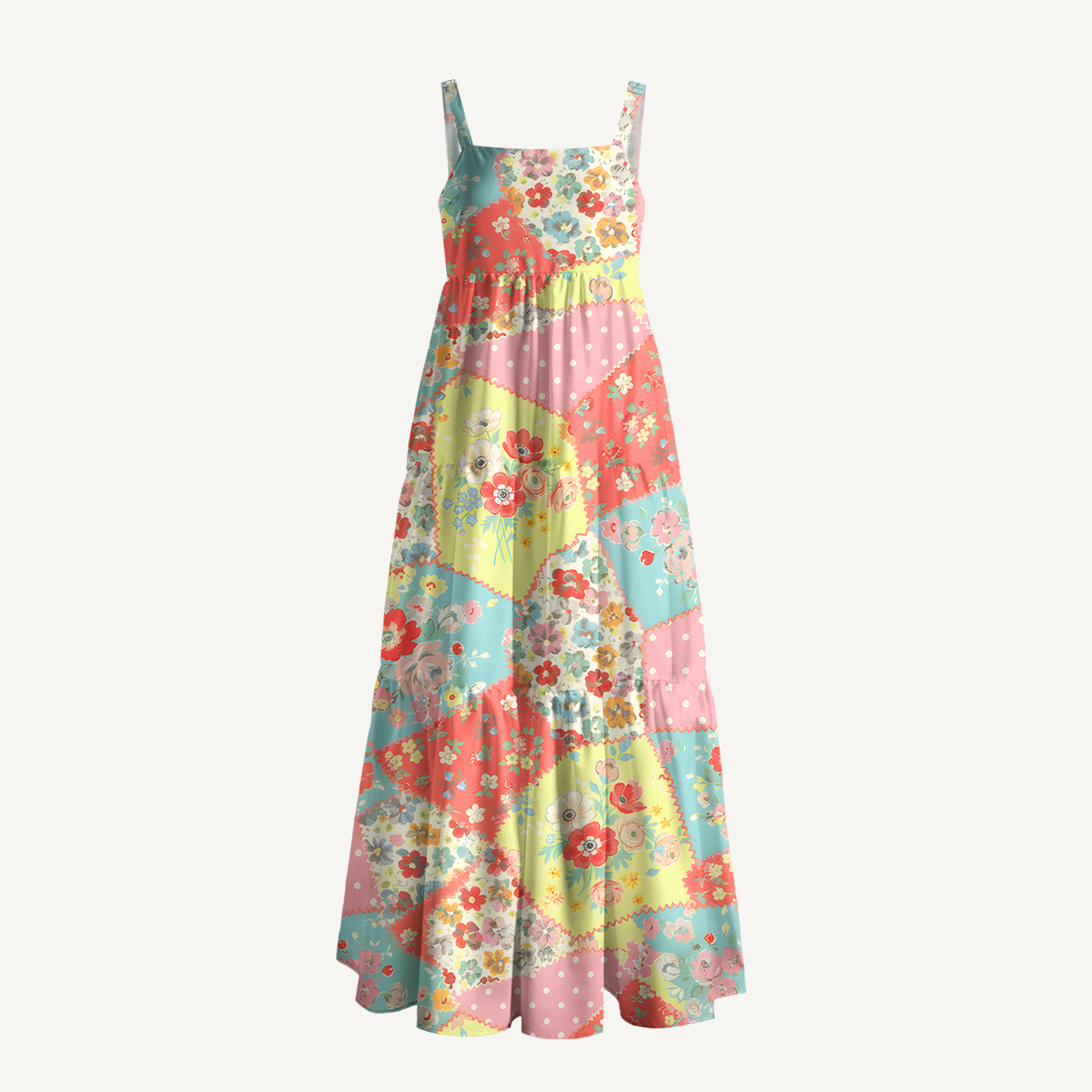 Square Neck Colorful Blossom Patchwork Print Slip Dress