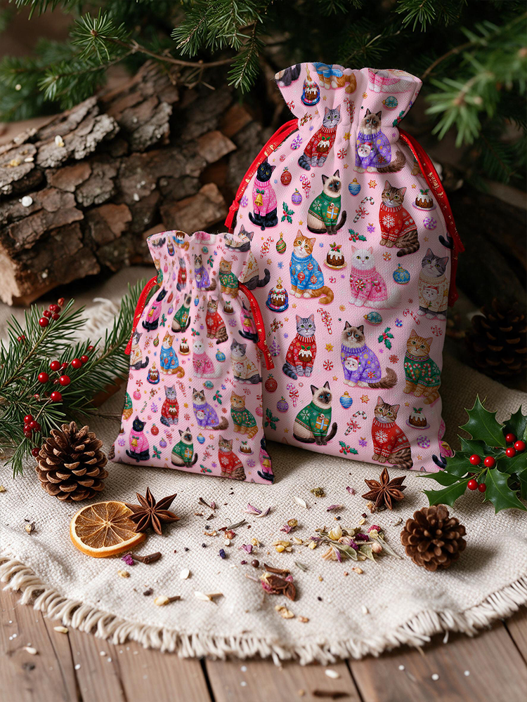 Christmas Sweater Cats Holiday Reusable Christmas Drawstring Gift Bag