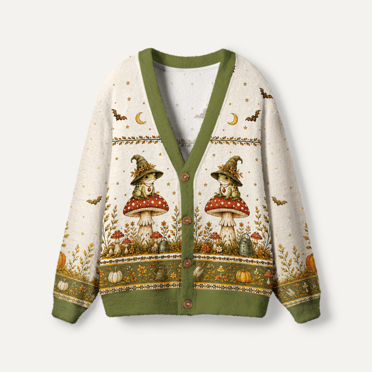 Fairy Tale Mushroom Little Frog Witch Garden Print Ugly Cardigan Sweaters