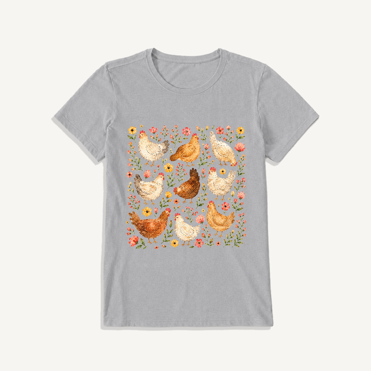 Country Chicken Wildflower Garden Print Crew Neck Cotton Tee
