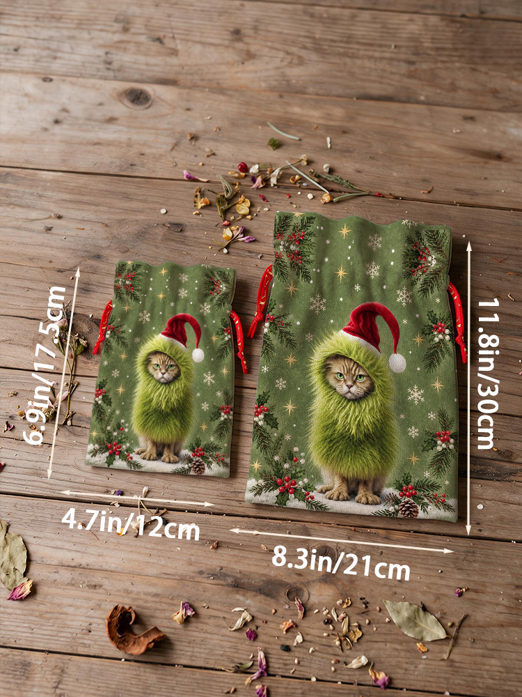 Mischievous Christmas Cat Reusable Drawstring Gift Bag