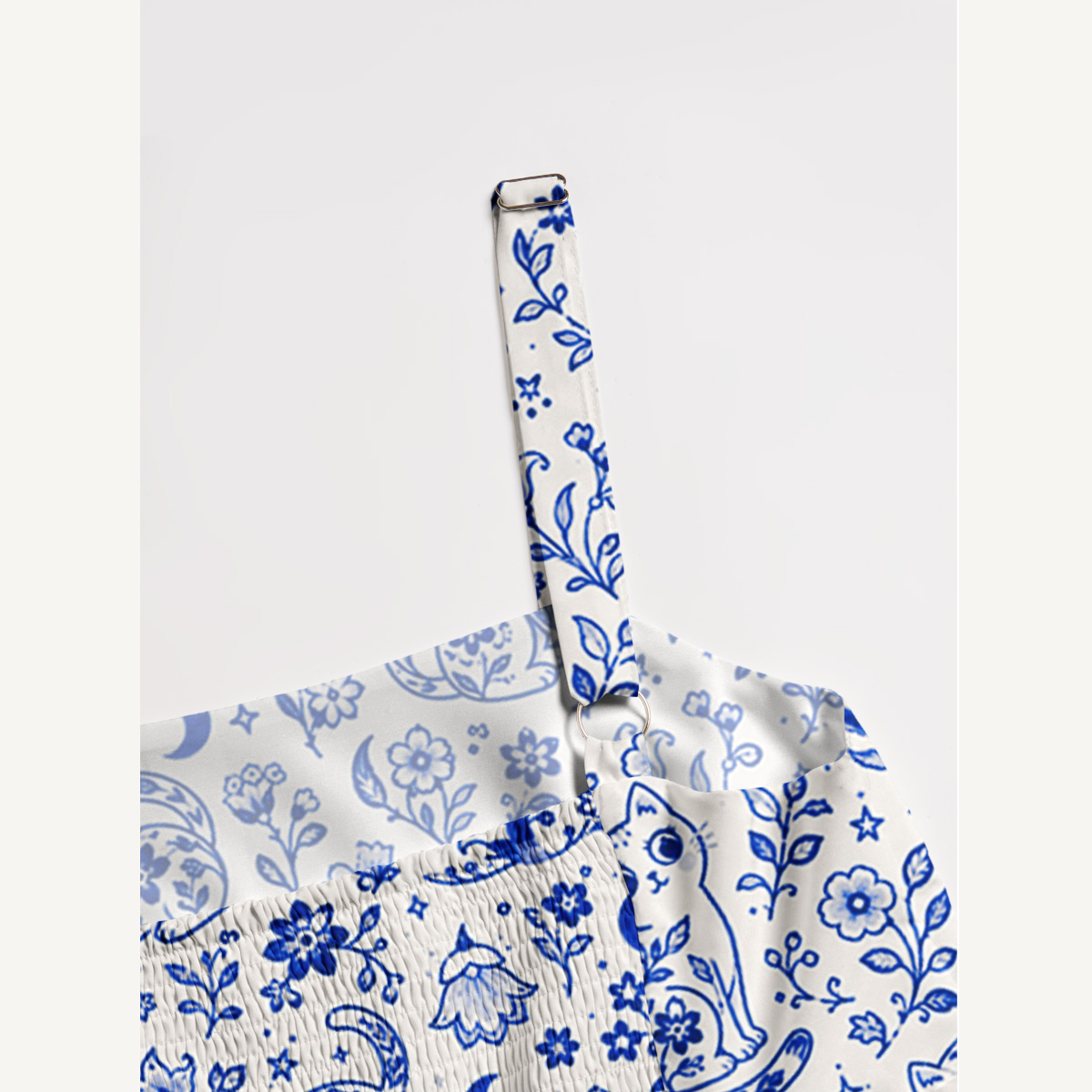 Delft Blue Bloom Cat Dream Print Wide Straps Maxi Dress With Pockets