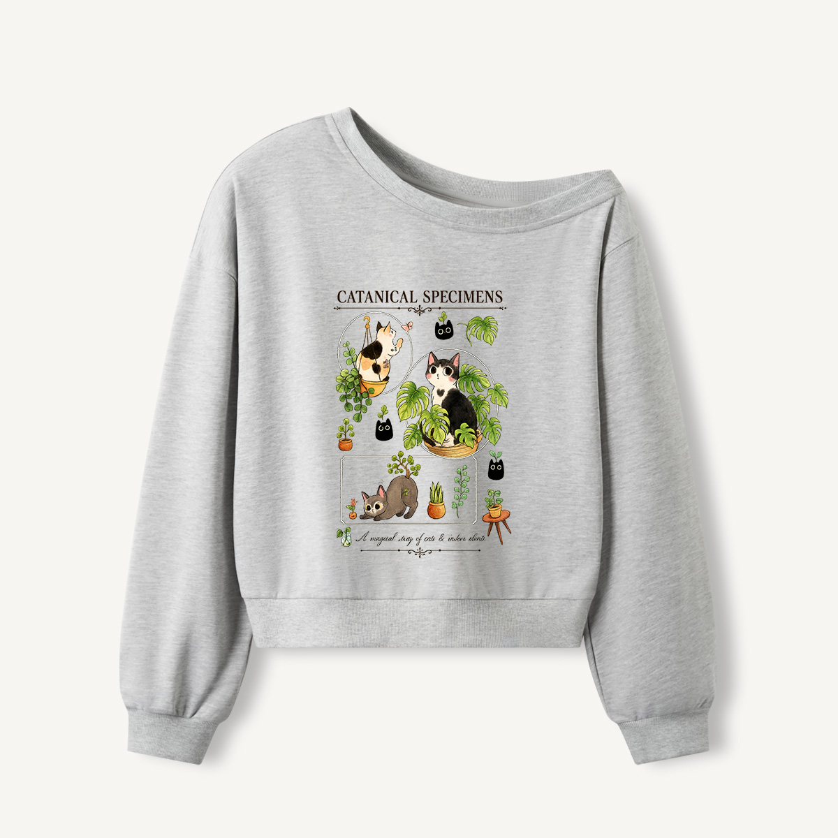 Catanical Botanical Study Print Off Shoulder Sweatshirts 
