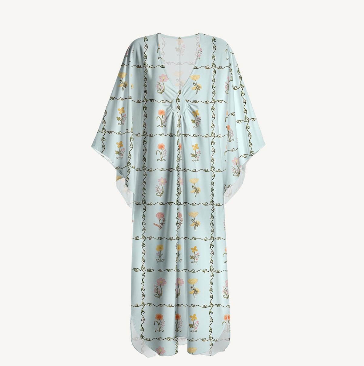  V‑Neck Sunny Garden Tiles Kimono Sleeve Kaftan Dress