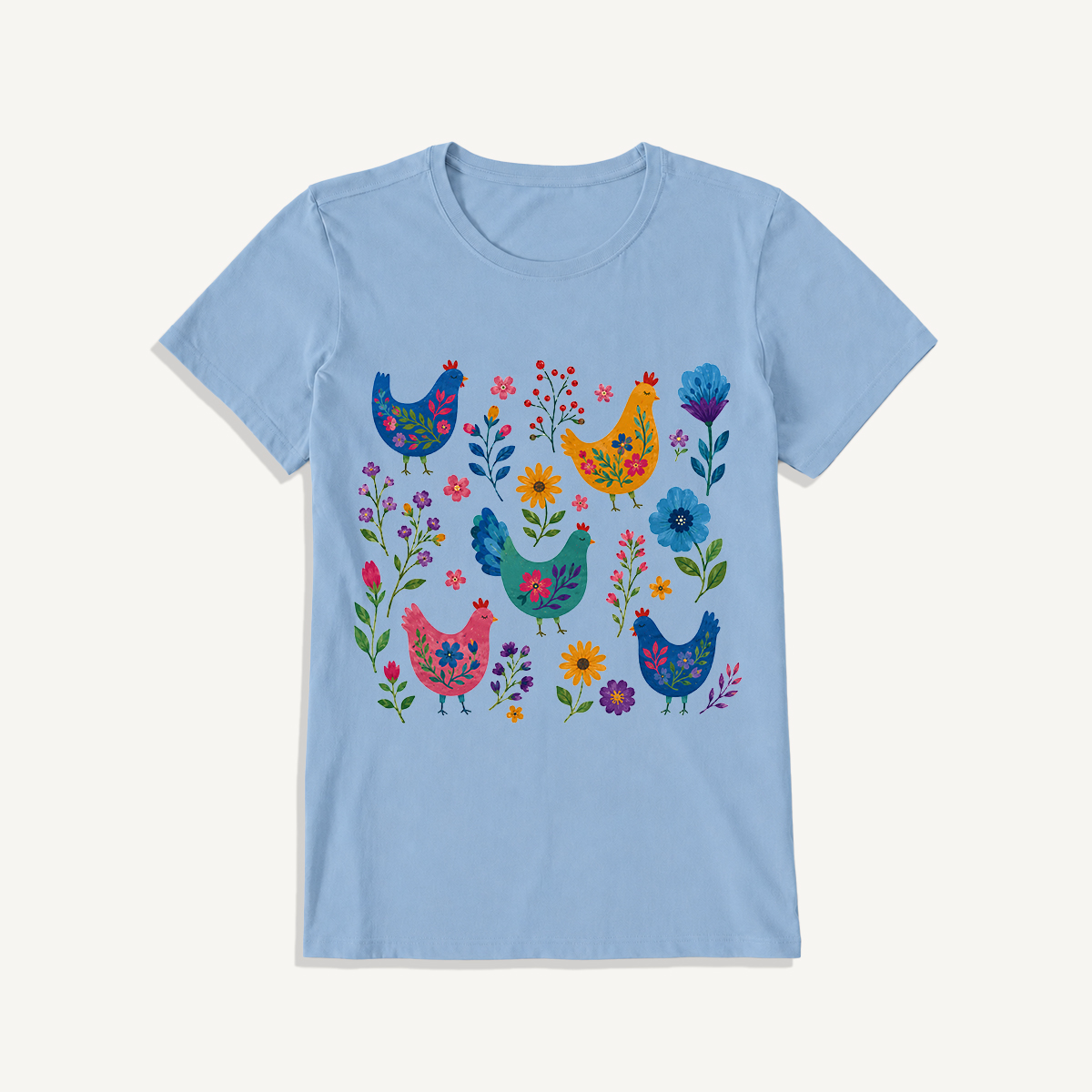 Colorful Folk Hens Print Crew Neck Cotton Tee