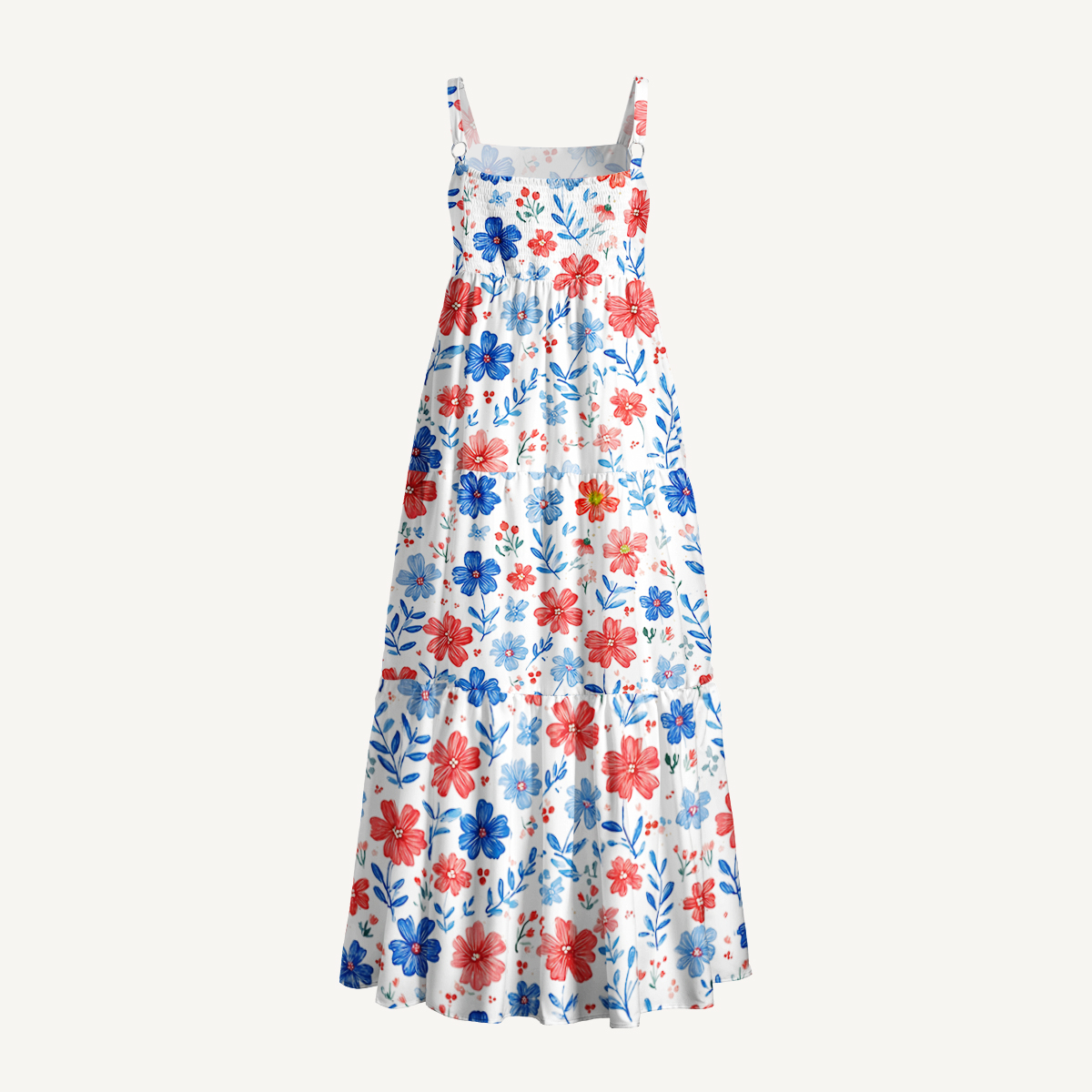  Patriotic 4th of July Flowers Print Wide Straps Maxi Dress With Pockets