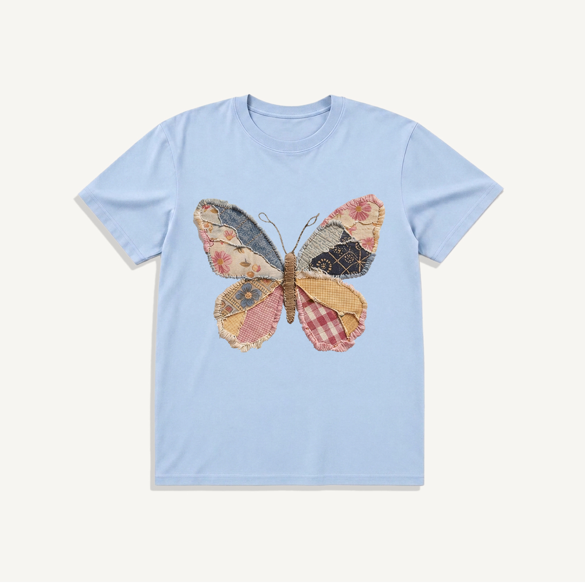 Quilt Patch Butterfly Print Crew Neck Cotton Tee