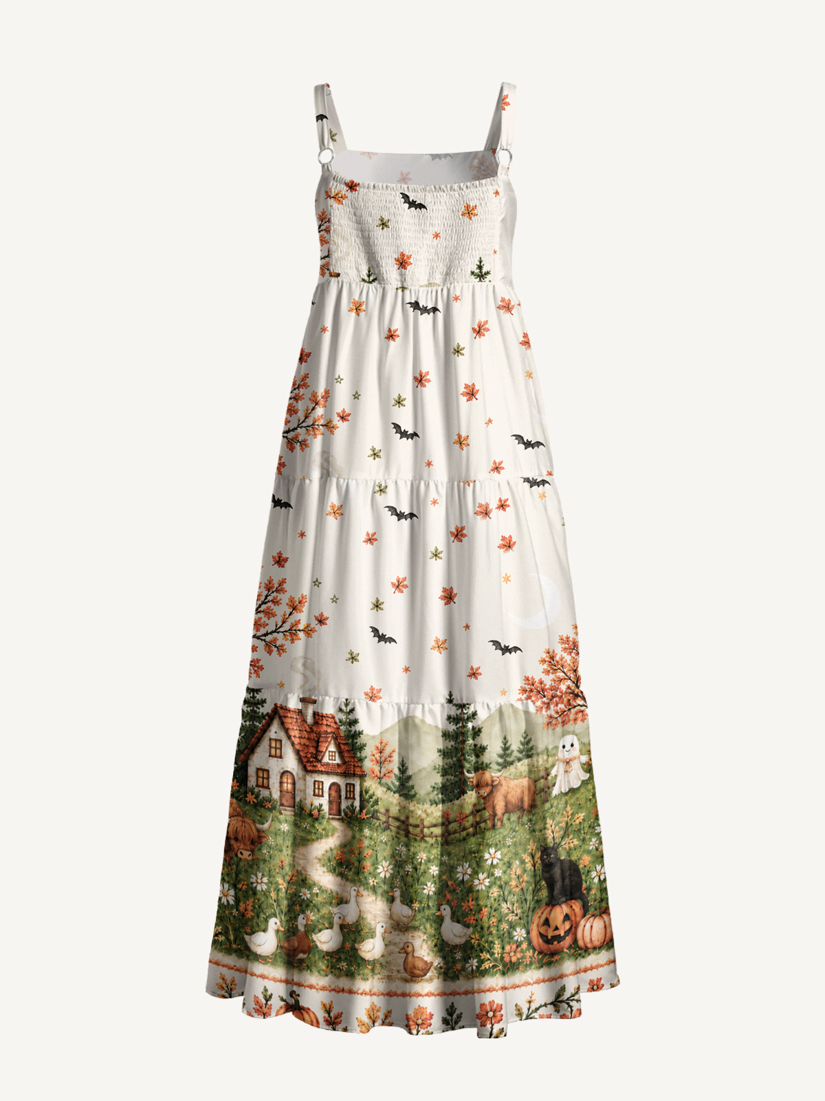 Autumn Pumpkin Pasture Print Wide Straps Maxi Dress With Pockets