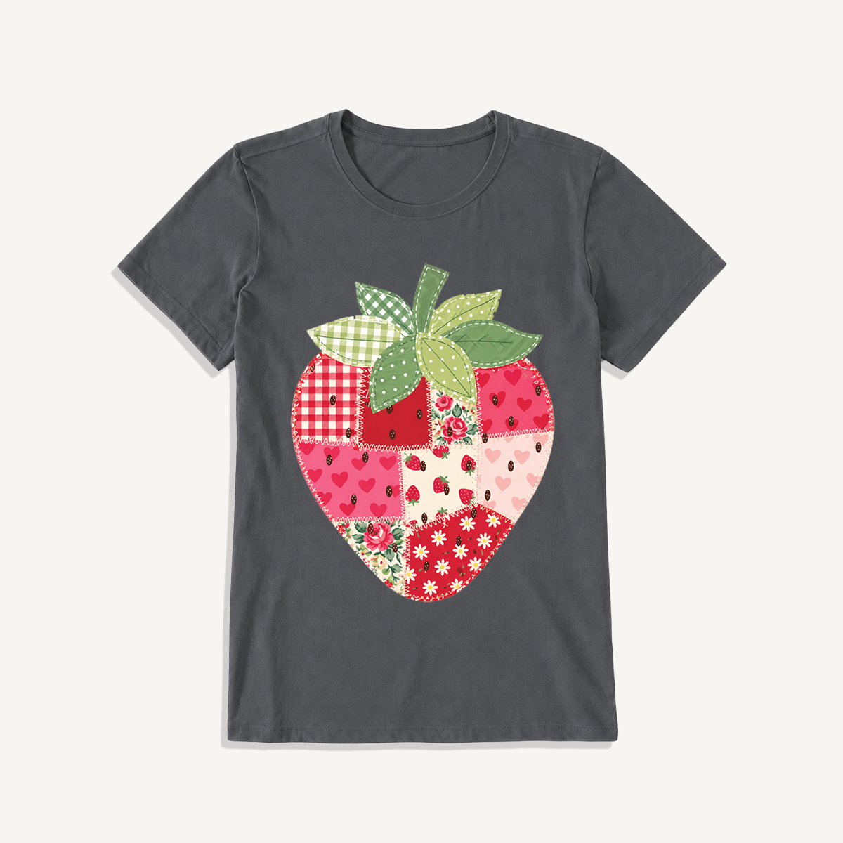 Folk Patchwork Strawberry Print Crew Neck Cotton Tee