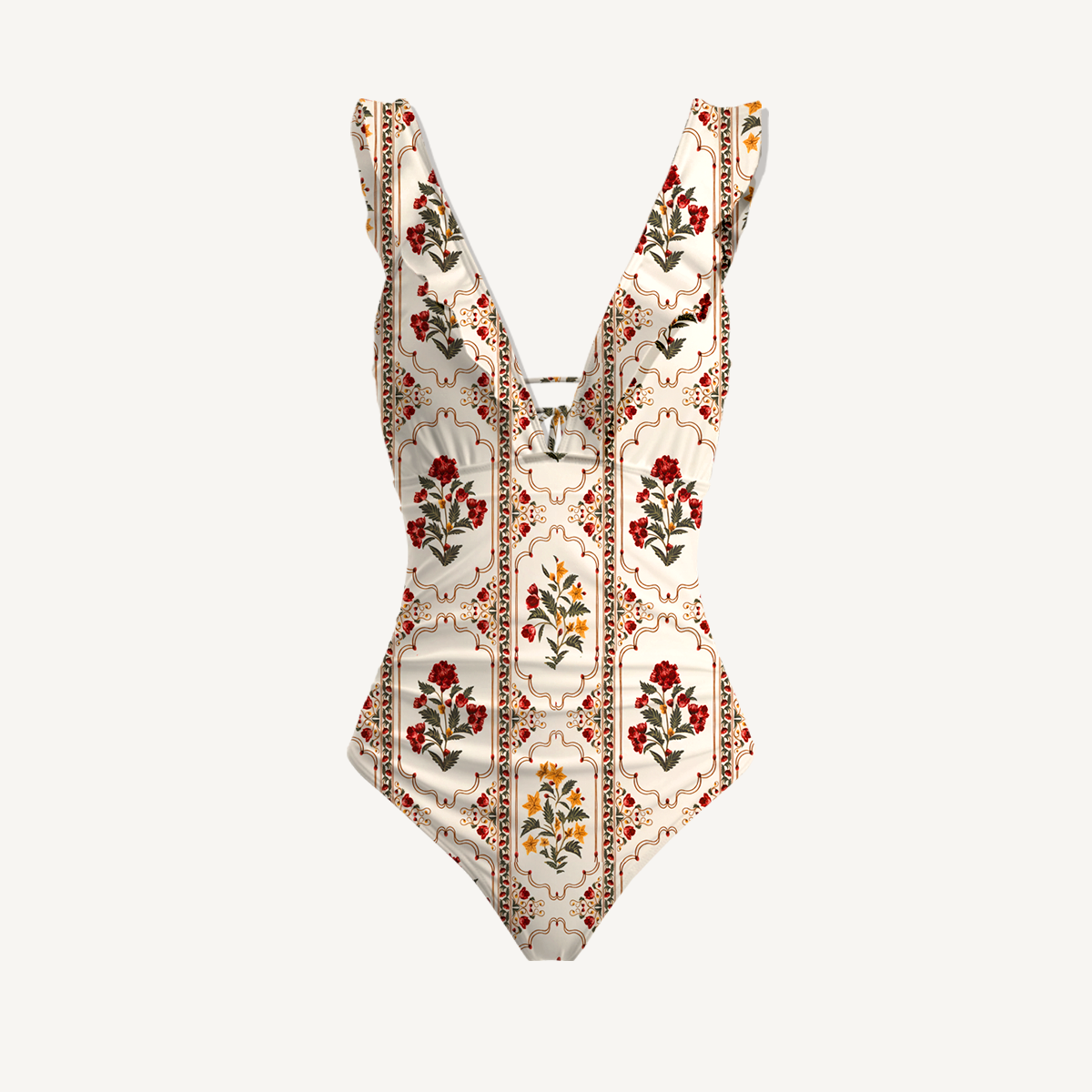 Velvet Carnation Ruffled V Neck One Piece Swimsuit and Matching Midi Skirt Set