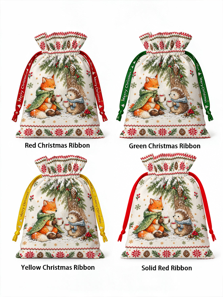 Cozy Winter Fox & Hedgehog Reusable Christmas Drawstring Gift Bag