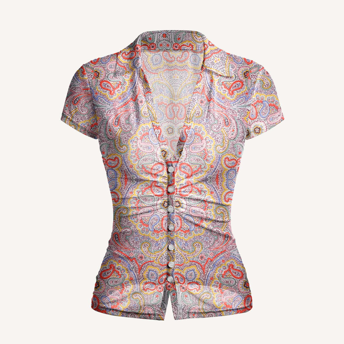 V-Neck Short Sleeve Sunrise Paisley Print Mesh Top