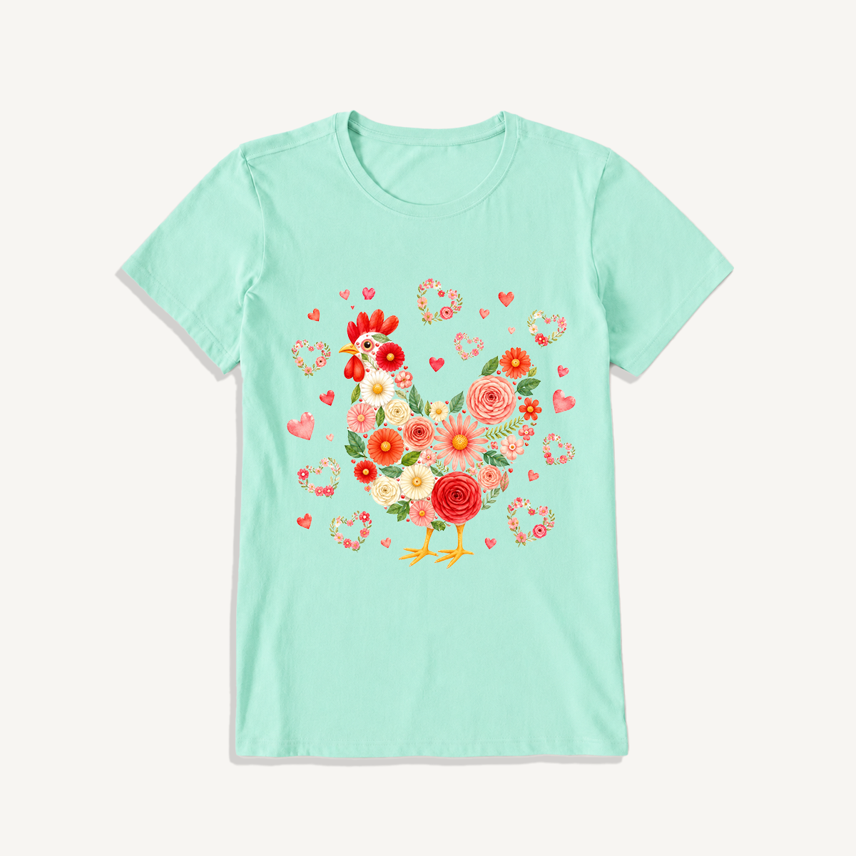 Blooms Floral Chicken Print Crew Neck Cotton Tee