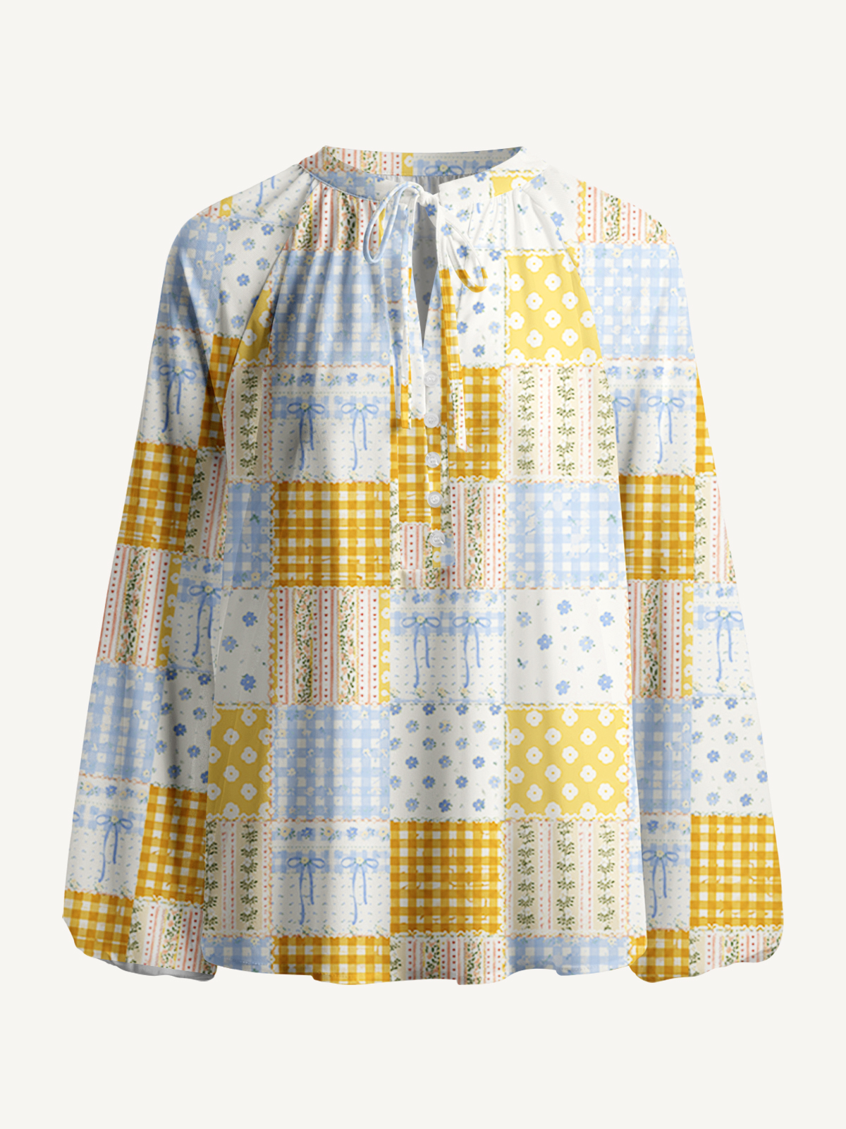 Pastel Floral Patchwork Quilt Pattern Print Boho Long Sleeve Tie‑Neck Blouse