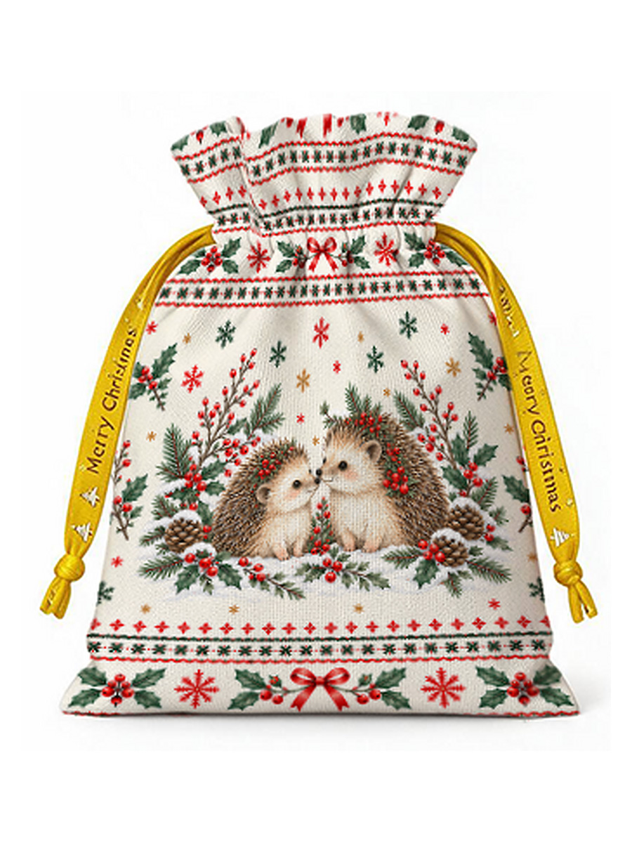 Cozy Christmas Hedgehogs Reusable Drawstring Gift Bag
