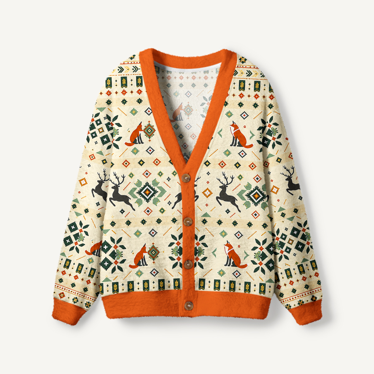 Nordic Fox Forest Fair Isle Print Ugly Cardigan Sweaters