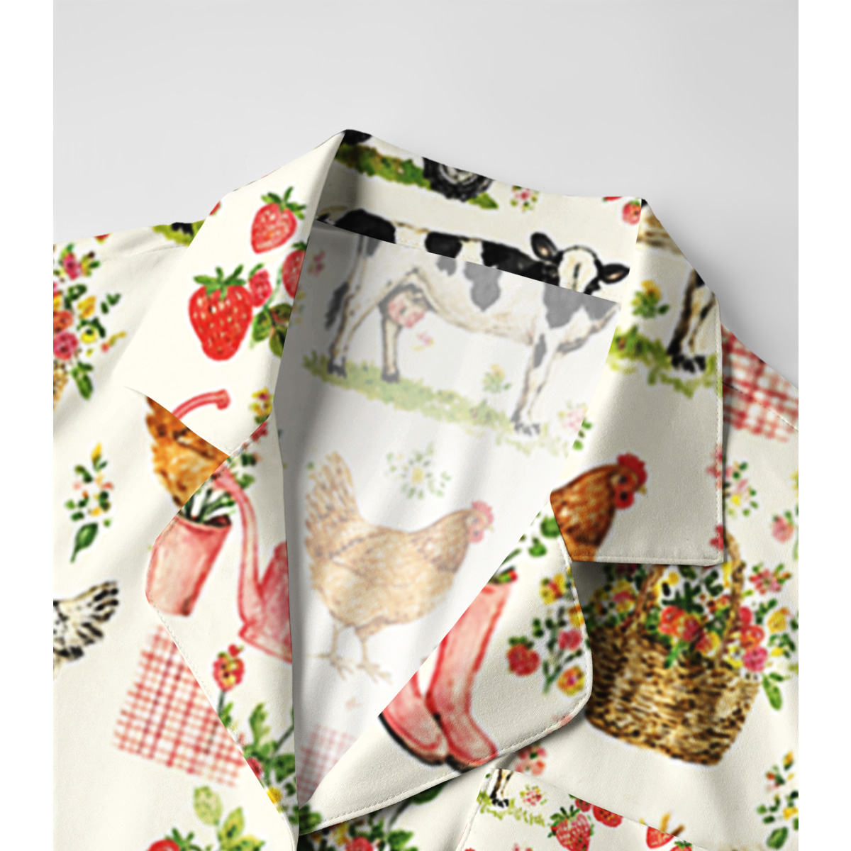 Watercolor Pink Farm Chicken Print Long Pajama Set 
