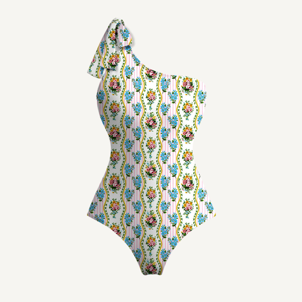 Vintage Bouquet Rose One Shoulder One Piece Swimsuit and Matching Sarong Set for Women