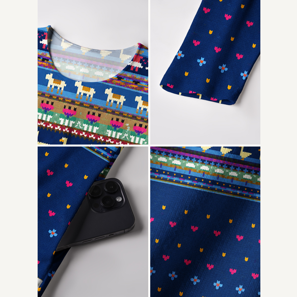 Colorful Folk Farm Horse Goose & Sheep Long Sleeve Maxi Dress with Pockets