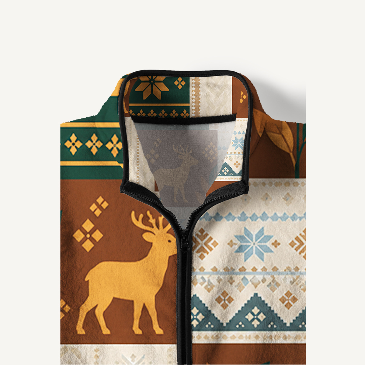 Forest Reindeer Cabin Quilt Print Fleece Jacket