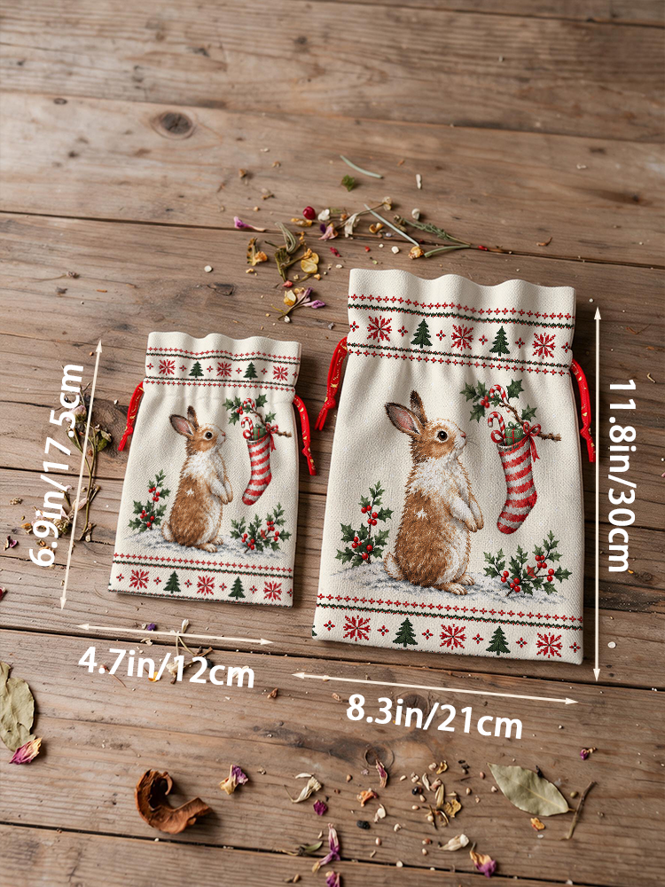 Cozy Christmas Bunny Reusable Drawstring Gift Bag