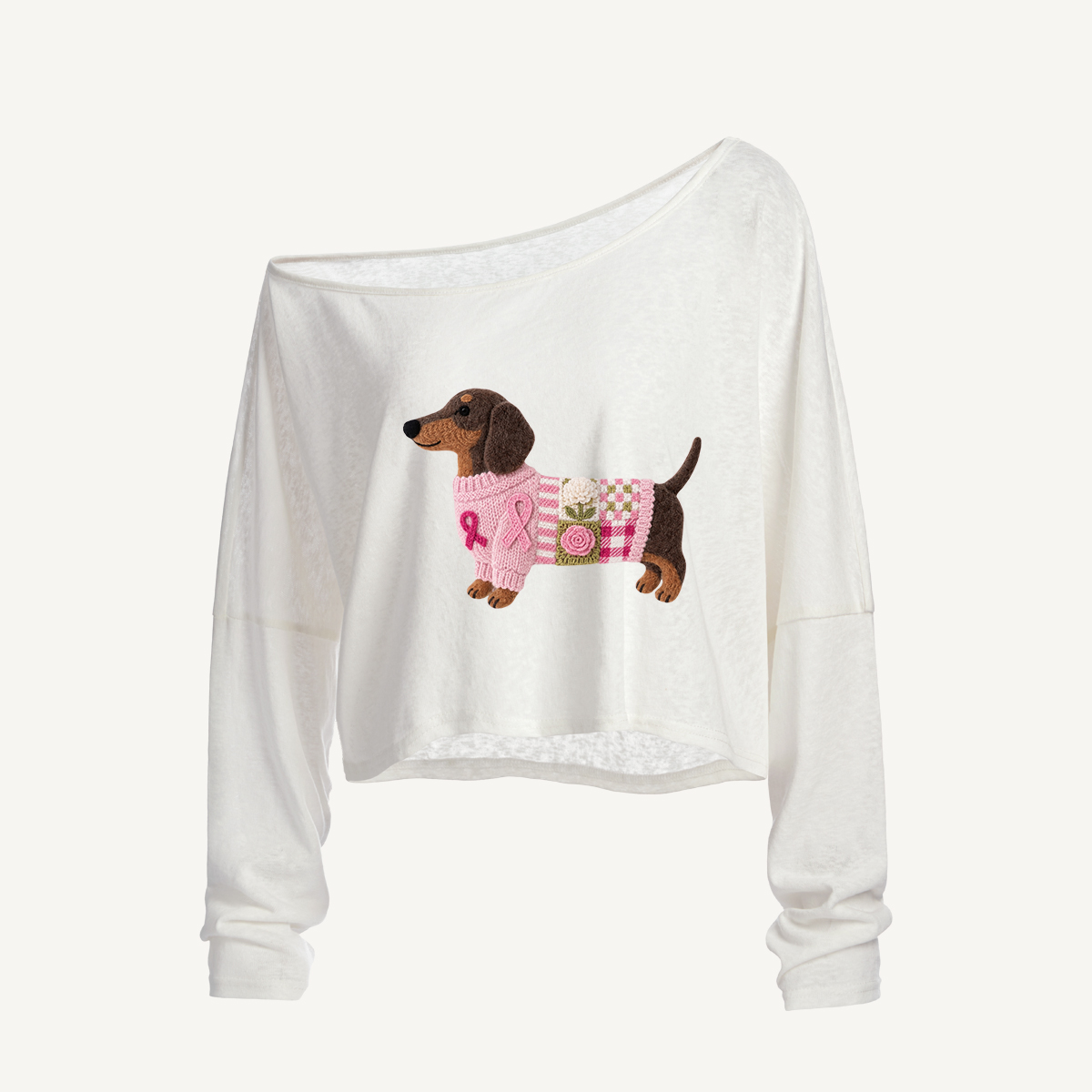 Pink Ribbon Breast Cancer Dachshund Patchwork Long Sleeve Off Shoulder T-shirt