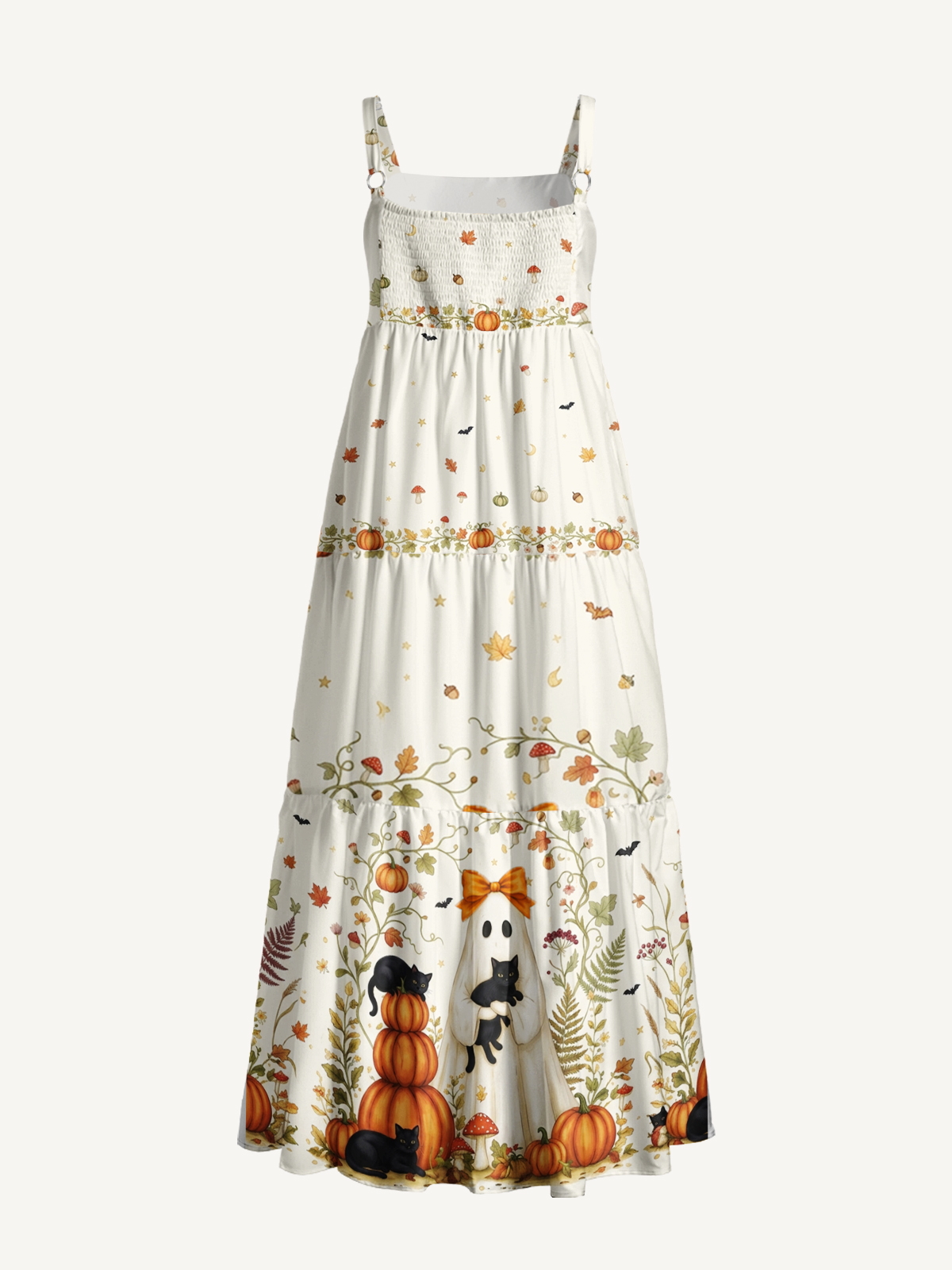 Halloween Pumpkin Black Cat Ghost Print Wide Straps Maxi Dress With Pockets