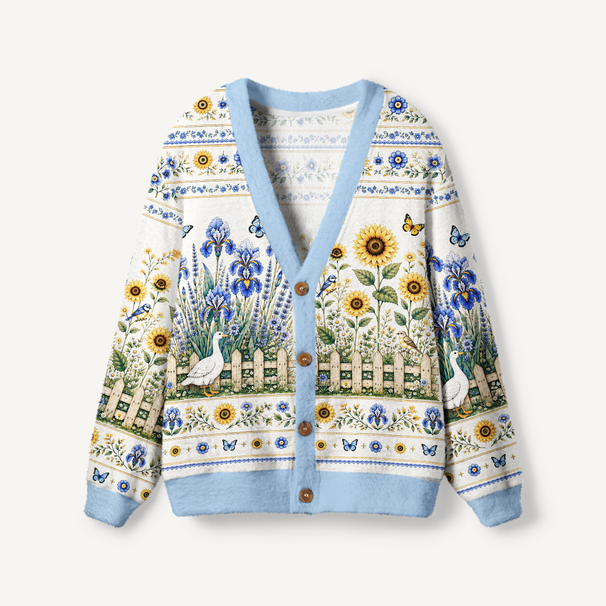 Blue Meadow Sunflower & Iris Print Ugly Cardigan Sweaters