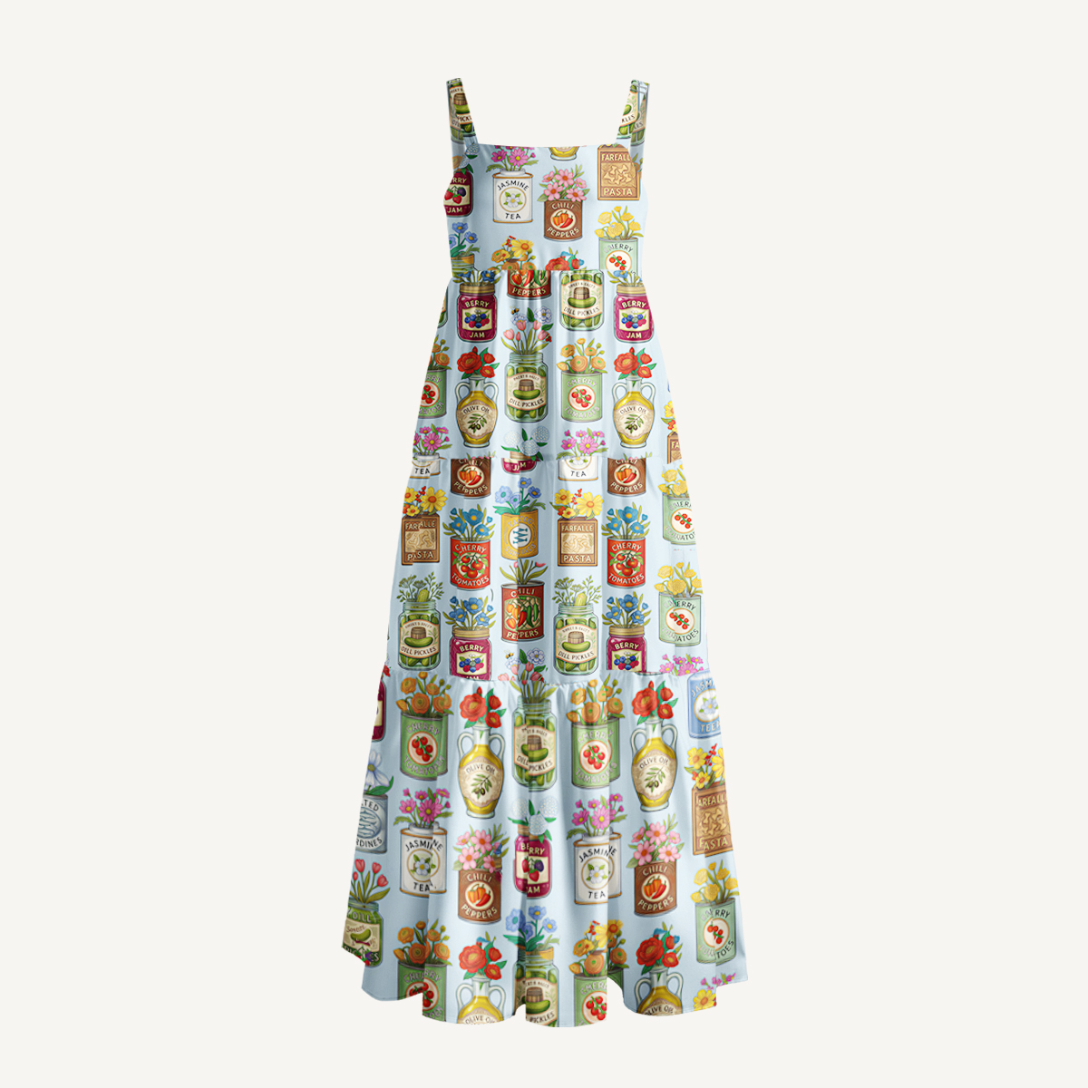 Vintage Pantry Label Print Wide Straps Maxi Dress With Pockets