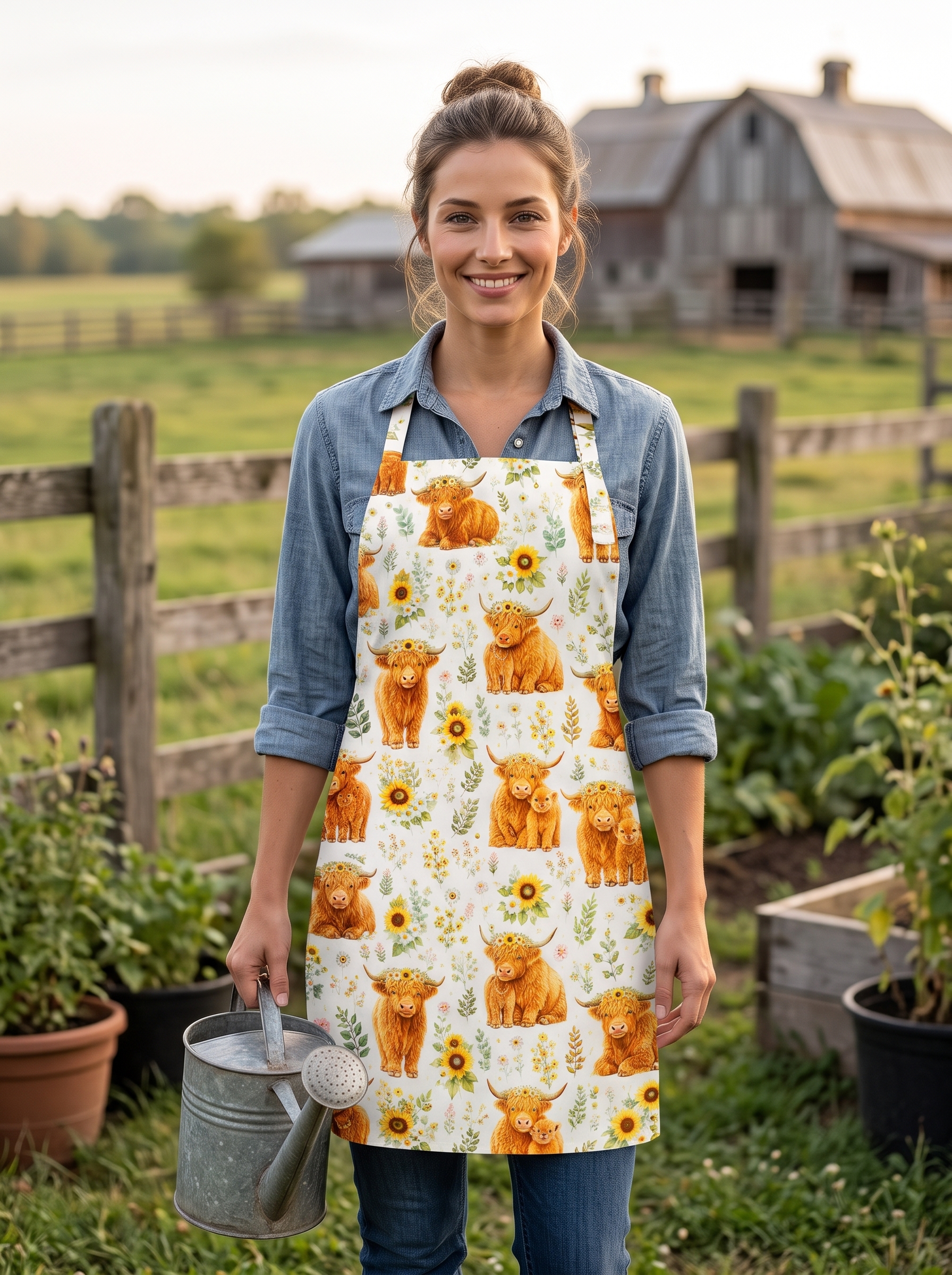 Spring Highland Cow Floral Print Adjustable Apron
