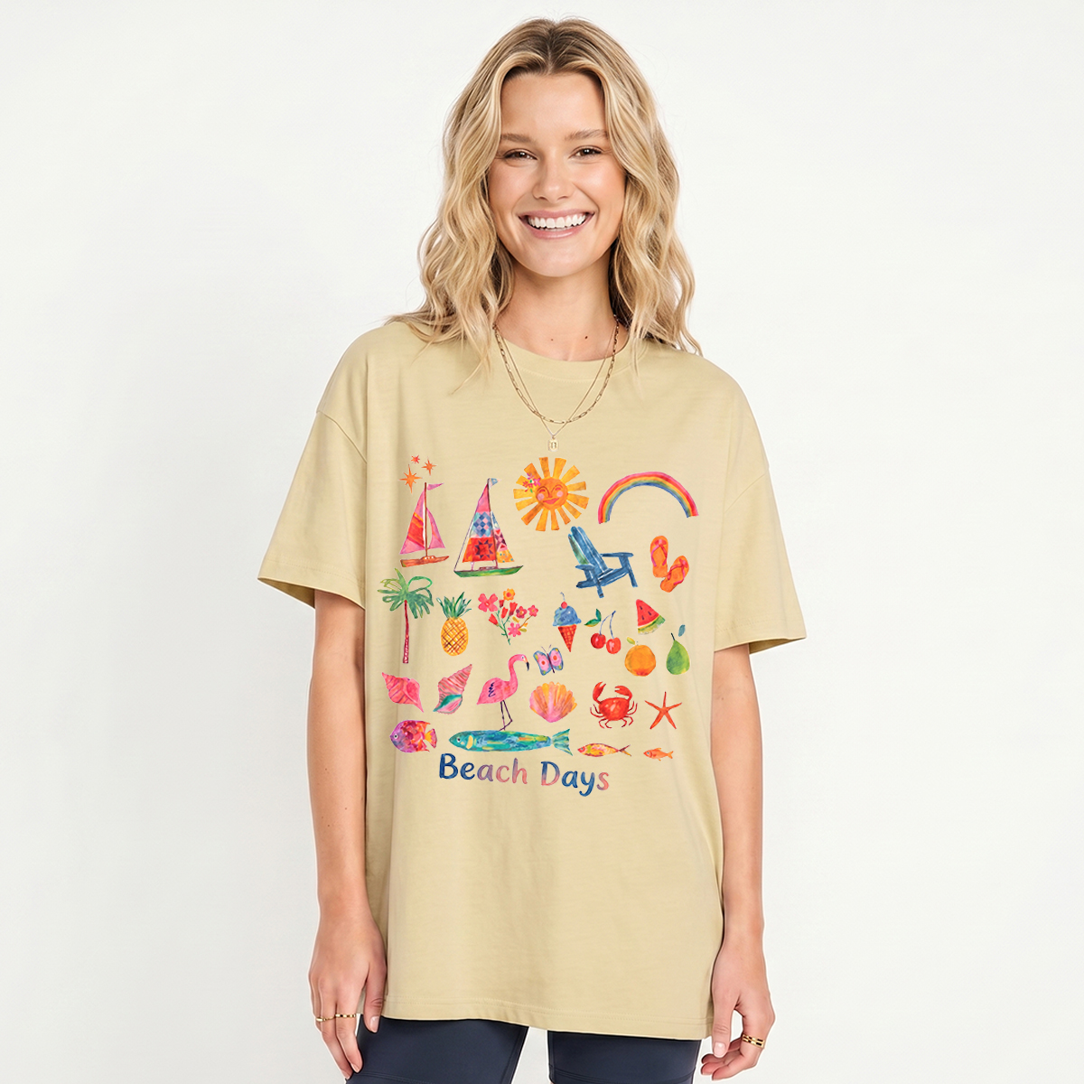 Beach Days Print Crew Neck Cotton Tee