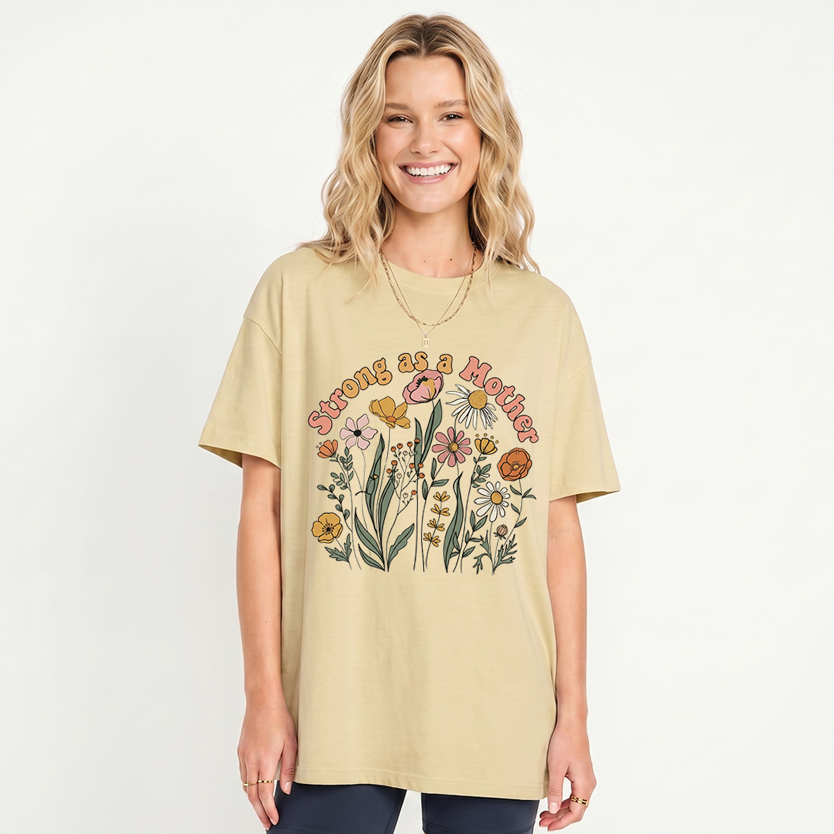 Strong As A Mother Print Crew Neck Cotton Tee