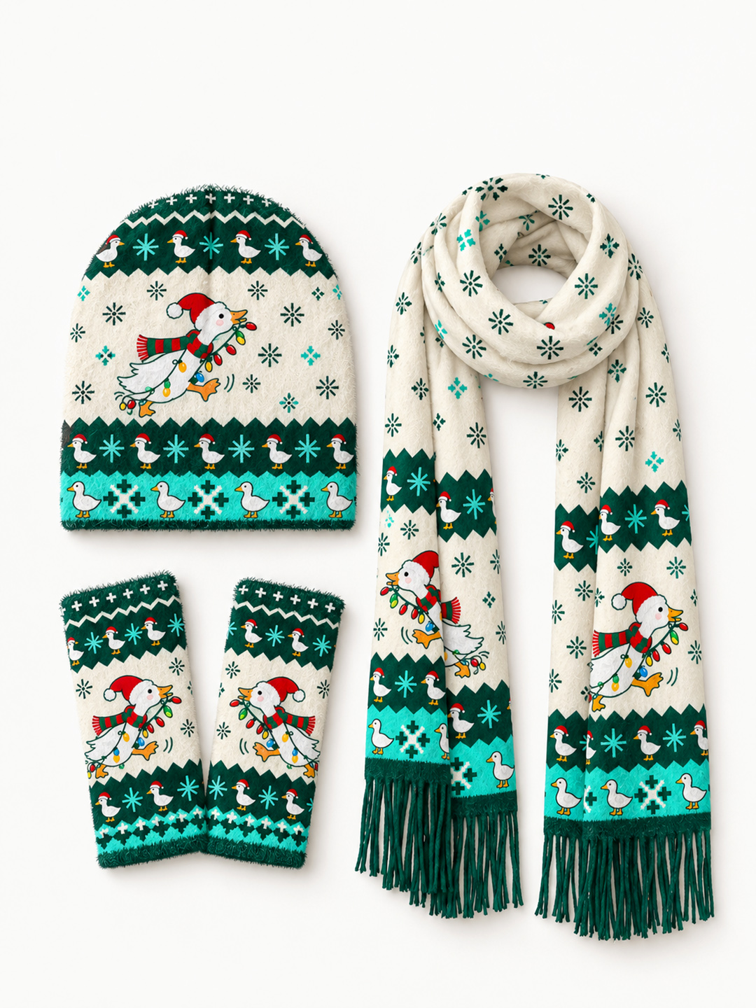 Playful Christmas Goose on the Loose Beanie Scarf & Fingerless Gloves Set